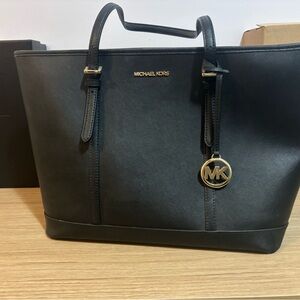 Michael Kors Black Leather Tote with Gold Accents
